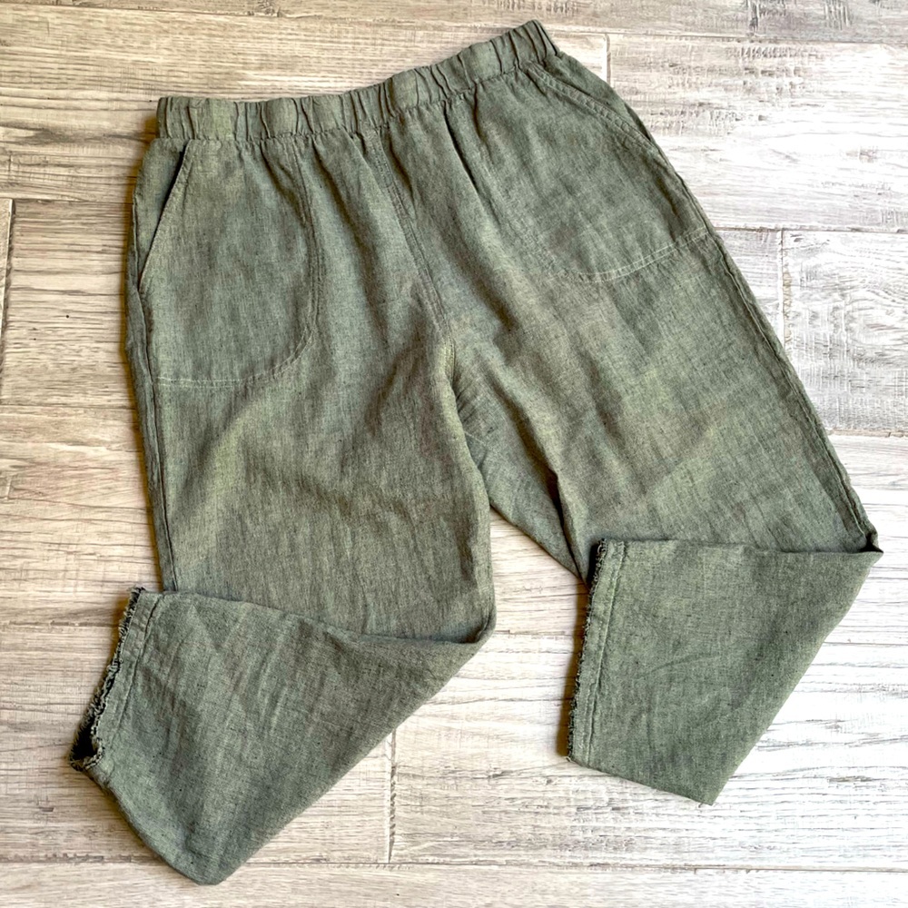 Cut Loose Capri Pants Linen/Cotton Knit Elastic Waist Raw Hem Olive Green SZ L